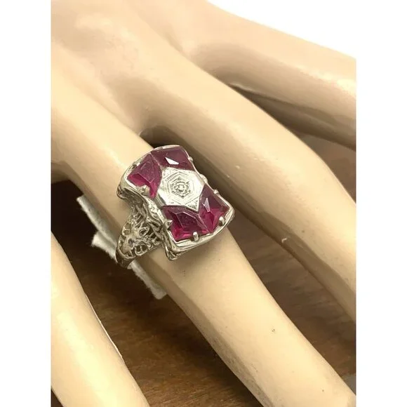 Filigree Pink Gemstone Diamond Cocktail Ring 14k White Gold Women's Size 8